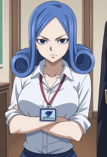 score_9, score_8_up, score_7_up, anime screencap, BREAK, 1girl, solo,   <lora:DX888Juvia:1>, juvia lockser, blue hair,  curly hair, blue eyes, ,   BREAK solo,crossed arms, upper body , looking at viewer,,  white shirt, office lady,  pantyhose, lanyard,