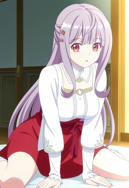 Mia Adenauer,red skirt,skirt,shirt,bow,long sleeves,hair ornament,
solo,blunt bangs,1girl,solo,<lora:Mia ADENAUER_illustrious-000038:1>,leaning_forward,presenting breasts,wariza