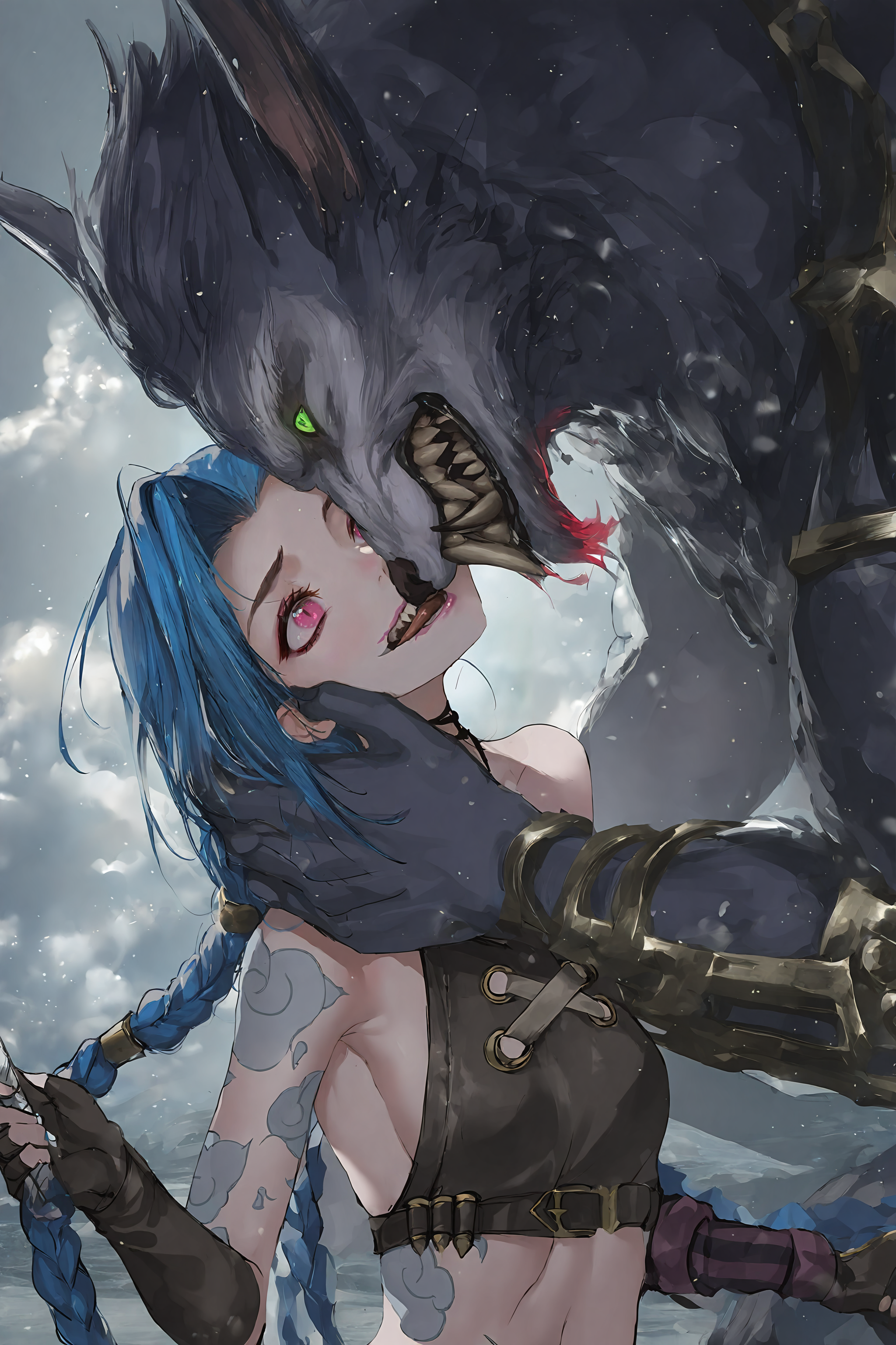 1boy,1girl,jinx \(league of legends\),arcane jinx,warwick,league of legends,arcane: league of legends,
(nat the lich:1.1),(wlop:0.909091),(kdash:0.909091),(kashu \(hizake\):1.1),(miwabe sakura:1.1),(alphonse \(white datura\):0.909091),(sola \(solo0730\):0.909091),(the golden smurf:0.909091),(pottsness:0.909091),
lineart,animal ears,arm tattoo,asymmetrical bangs,bare shoulders,blue hair,body fur,brown choker,choker,cloud tattoo,fangs,fingerless gloves,gloves,green eyes,grey fur,hand on another's face,holding,long hair,looking at another,open mouth,pink eyes,sharp teeth,shoulder tattoo,tattoo,teeth,werewolf,
masterpiece,very awa,brown glove,
Two characters from the video game league of legends. the character on the left is a young woman with blue hair and green horns on her head. she has long red hair that is styled in loose waves and is holding a sword in her right hand. both characters are smiling and appear to be engaged in a conversation.,
best quality,newest,