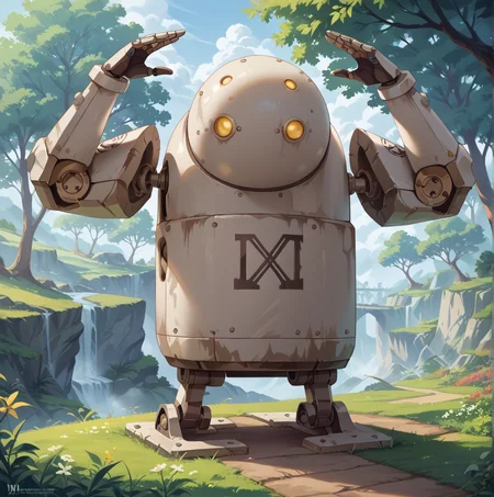 score_9, score_8_up, score_7_up, best quality, masterpiece, source_anime, rating_safe , zPDXL2, BREAK,
<lora:machine_lifeform:1>, machine_lifeform, machine, robot, arms raised in victory or celebration