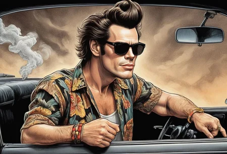illustration, Ace Ventura in his junket car, leaving a trail of thick black exhaust smoke fumes in his wake, positioned leaning top half of his body out his car window, reaching back through the car window so he can steer the car with one hand, dark retro sunglasses, his hair unaffected by wind, fearless, charismatic, Tim Burton, hyper-realistic, very detailed, micro pen art, dark vignette, film grain, sharp lines, high dynamic range, light sepia, Gray, Red And Gold Color Scheme, Pet Detective style, ink art