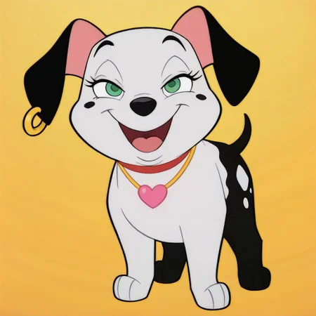 two-tone, disney, dog, dalmatian, black spot on cheek, black ears, golden hoop earring on right ear, white front half of body, black back half of body, two white spots on black half of body, black tail, green eyes, solo, full body, happy, female, standing, score_9, score_8, score_7, no humans, (((full body))), standing, solo, three-quarter view, female, feral, hight definition, no neckwear except pink heart necklace, hyper detailed, best quality, amazing quality, 1girl, cute, cute smile, cute pose, 8k, masterpiece, eyelashes, half-open eyes, slightly open mouth, smile, looking at viewer, sweety pose <lora:Furry_Enhancer Chroma V1:1>