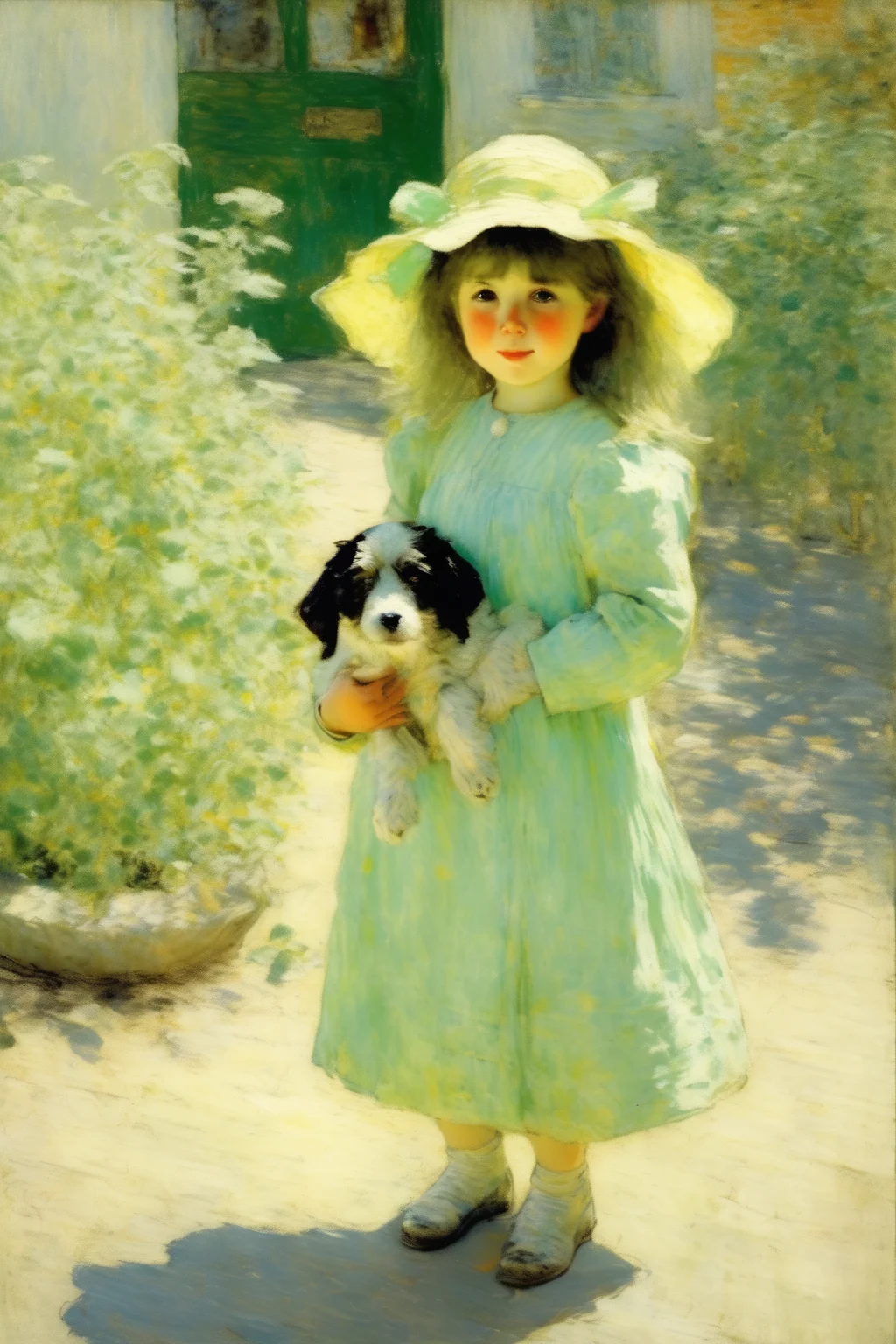 <lora:Theodore Robinson Style:1>Theodore Robinson Style - photo of Childe Hassam, painting of mint yellow,soft,sunny and gentle, Cute dog A cute two year old girl