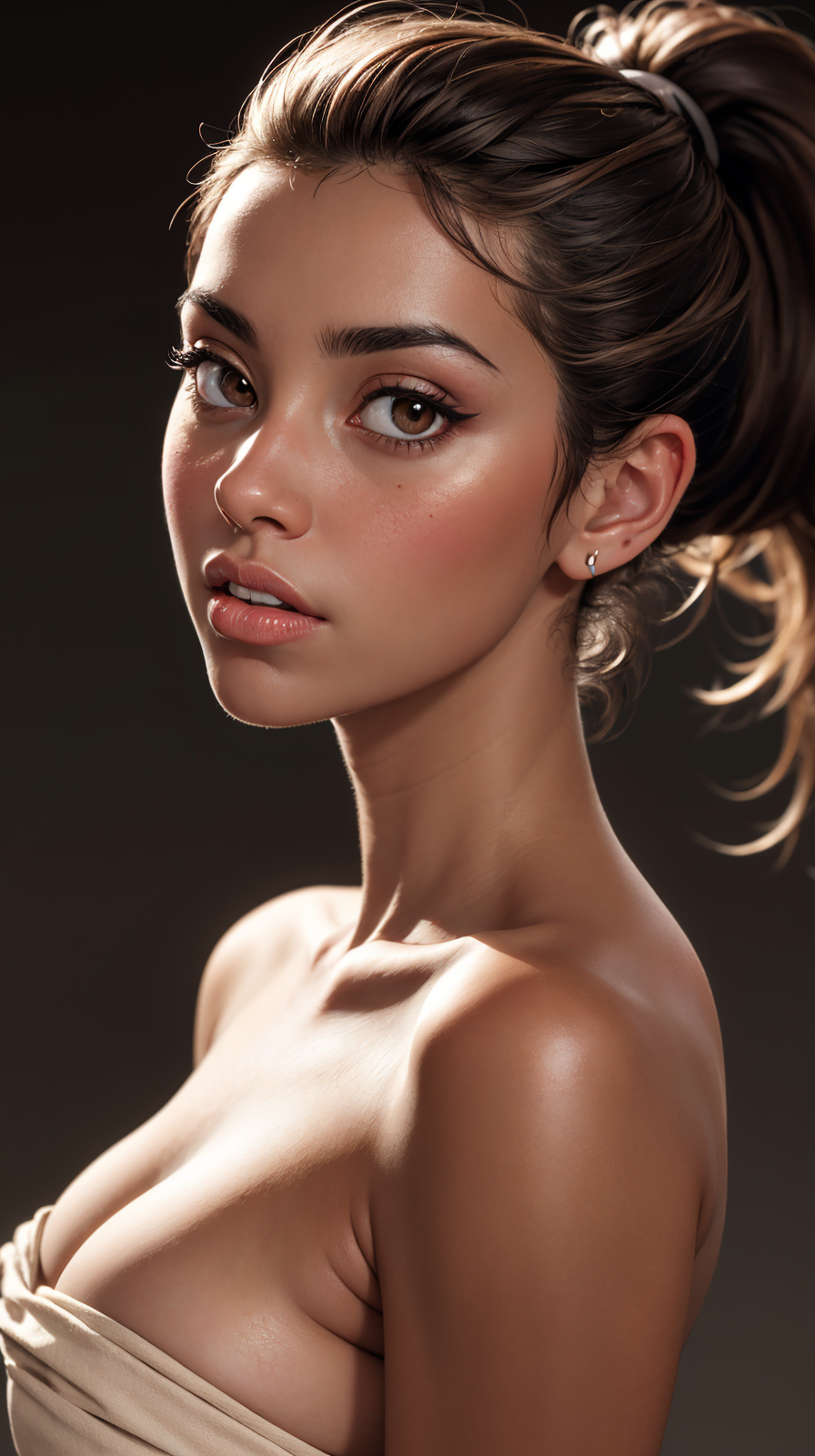 <lora:Claire-Duran:1> brown hair, ponytail, straight hair,  brown eyes, tanned skin,  party background,desaturated background,bokeh,dark theme,soothing tones,muted colors,high contrast,(natural skin texture, hyperrealism, soft light, sharp),(close-up shot) artistic photoshoot,(naked shoulders),(cloth hides breasts),