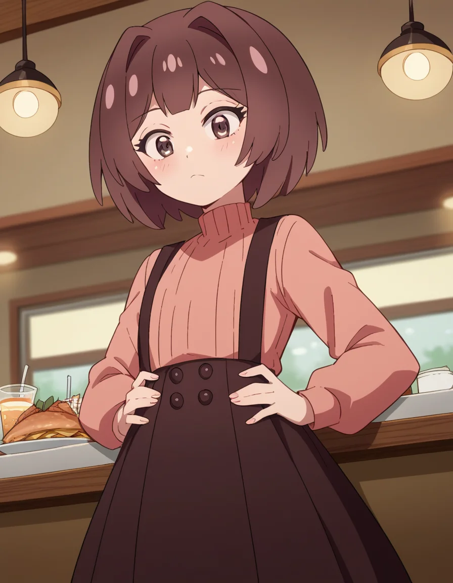 score_9, score_8_up, score_7_up, source_anime, <lora:sakura-sonoue-s1-ponyxl-lora-nochekaiser:1>, sakura sonoue, short hair, bangs, brown hair, brown eyes, hair intakes, bob cut,, skirt, long sleeves, sweater, suspenders, high-waist skirt, brown skirt, suspender skirt, pink sweater, restaurant, laughter, good food, warm lighting, celebration, , , hands on stomach, blush,, solo,, cowboy shot, dutch angle