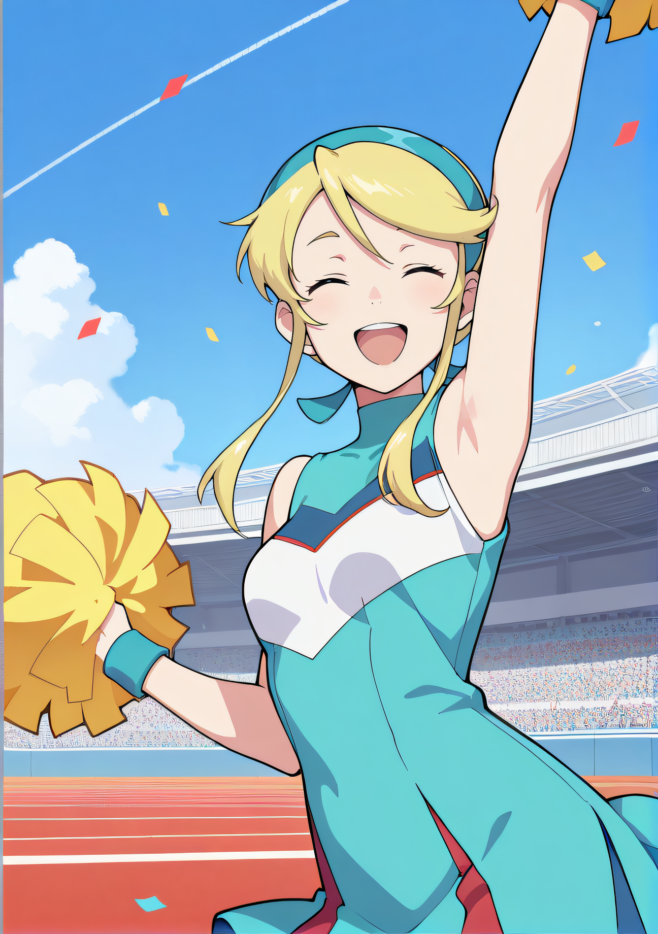masterpiece, best quality, highres, newest, 1girl, solo, official style, <lora:IL_Lina_Davis:1>, lina, blonde hair, closed eyes, cheerleader, yellow pom pom, smile, outdoor, looking at viewer, smile, scenary, confetti, cowboy shot, centered image, open mouth, arm up, armpit