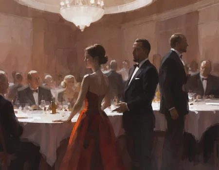 <lora:crmu:0.6>crmu, woman wearing dress talking to man sitting at table in a suit with silhouettes of people in background