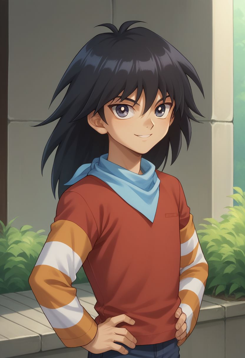 score_9, score_8_up, score_7_up, source_anime, highly detailed,
mobuka, 1boy, solo, male_focus, black hair, long sleeves, hands on hips, red shirt, striped shirt, neckerchief, smile, striped sleeves, long hair, upper body, looking at viewer,
outside,