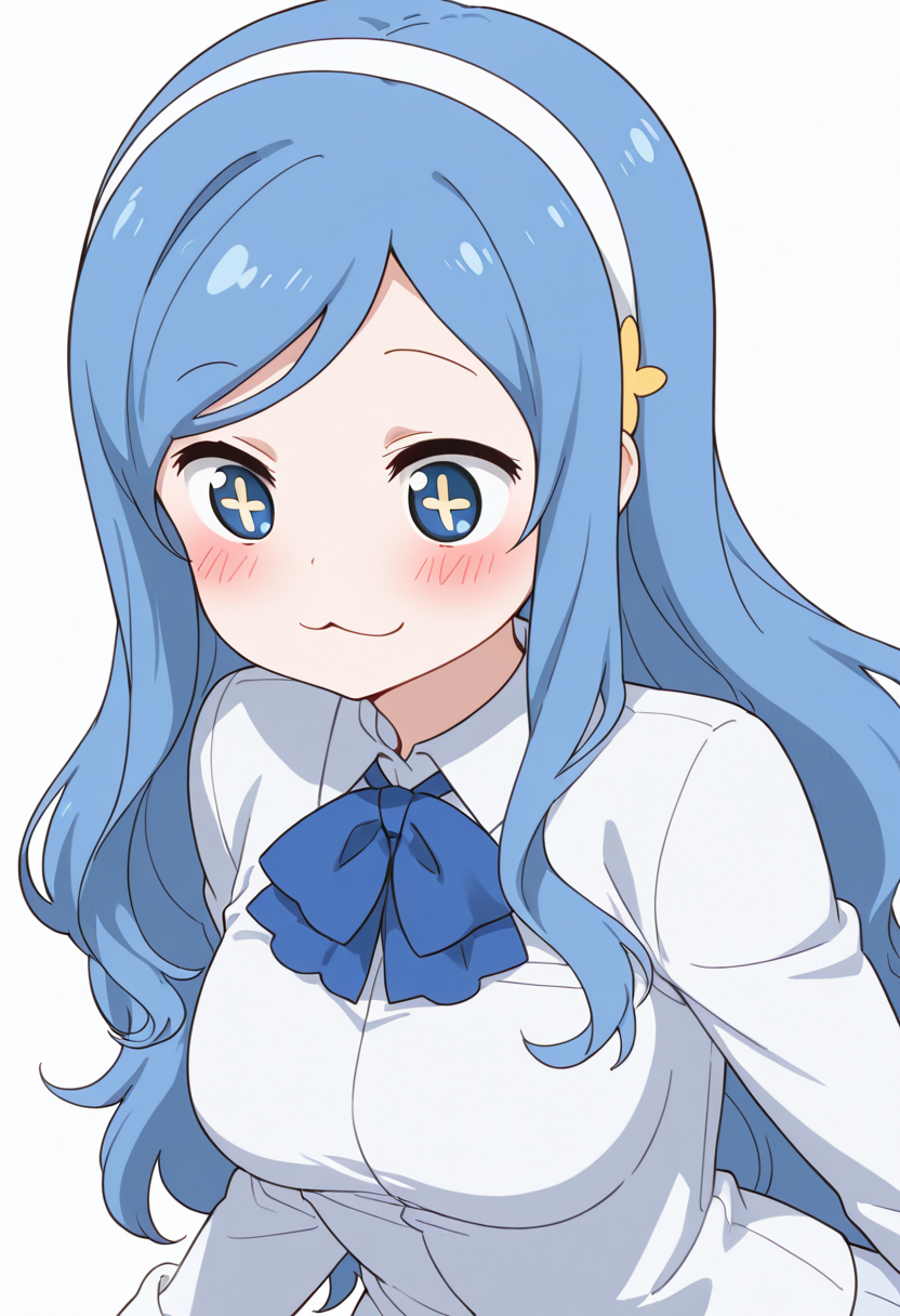 masterpiece, best quality, solo,   zzTachibana, blush, simple background, white background, bow, medium breasts, hairband, :3  ,<lora:TachibanaSylphynford_IXL:1.0>,
