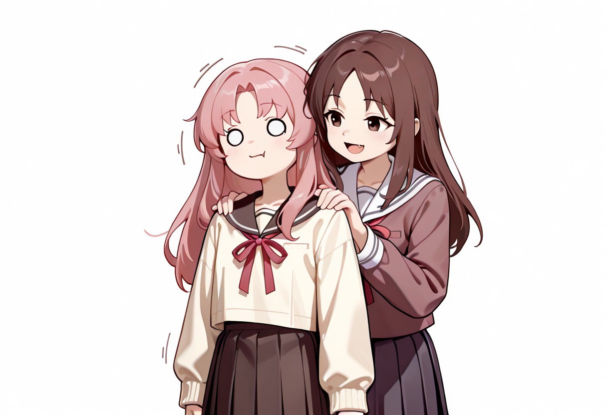 lazypos, girl focus, multiple girls, 2girls, school uniform, brown hair, fang, long hair, skirt, white background, long sleeves, simple background, pink hair, neck ribbon, open mouth, solid circle eyes, o_o, :d, smile, shirt, behind another, pleated skirt, serafuku, motion lines, parted bangs, jacket, closed mouth, ribbon, looking at another, hands on another's shoulders, arms at sides, AkiFnStyle