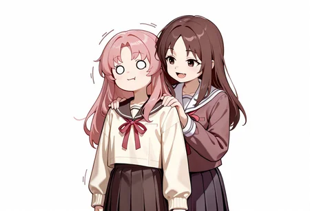 lazypos, girl focus, multiple girls, 2girls, school uniform, brown hair, fang, long hair, skirt, white background, long sleeves, simple background, pink hair, neck ribbon, open mouth, solid circle eyes, o_o, :d, smile, shirt, behind another, pleated skirt, serafuku, motion lines, parted bangs, jacket, closed mouth, ribbon, looking at another, hands on another's shoulders, arms at sides, AkiFnStyle