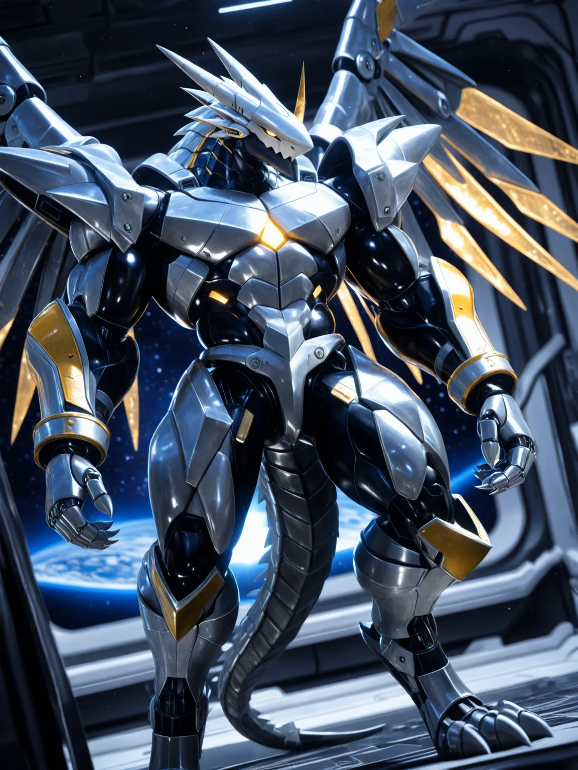 furry male, male focus, bara, mature male,
anthro, golden body, dragon boy, standing, spaceship, strong, muscular, solo, male, (dragon), shiny silver chassis, mecha, cyborg, glowing LED, detailed textures, bipedal, photo, sharp focus, depth of field, 1 tail, highly detailed, space, inside, mecha wings, spikes, armored, dutch angle, digitigrade, metallic body,
BREAK 3d \(artwork\), realistic, photorealism,
BREAK very awa, masterpiece, best quality, amazing quality, very aesthetic,highres, absurdres,