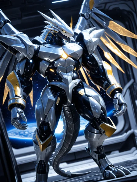 furry male, male focus, bara, mature male,
anthro, golden body, dragon boy, standing, spaceship, strong, muscular, solo, male, (dragon), shiny silver chassis, mecha, cyborg, glowing LED, detailed textures, bipedal, photo, sharp focus, depth of field, 1 tail, highly detailed, space, inside, mecha wings, spikes, armored, dutch angle, digitigrade, metallic body,
BREAK 3d \(artwork\), realistic, photorealism,
BREAK very awa, masterpiece, best quality, amazing quality, very aesthetic,highres, absurdres,
