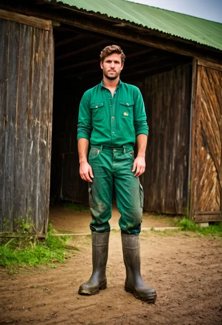 full body photography of a young farmer wearing dirty rubber boots in front of an old rusty dark barn, wearing green dirty worker pants, 50mm . cinematic 4k epic detailed 4k epic detailed photograph shot on kodak detailed cinematic hbo dark moody, 35mm photo, grainy, vignette, vintage, Kodachrome, Lomography, stained, highly detailed, found footage