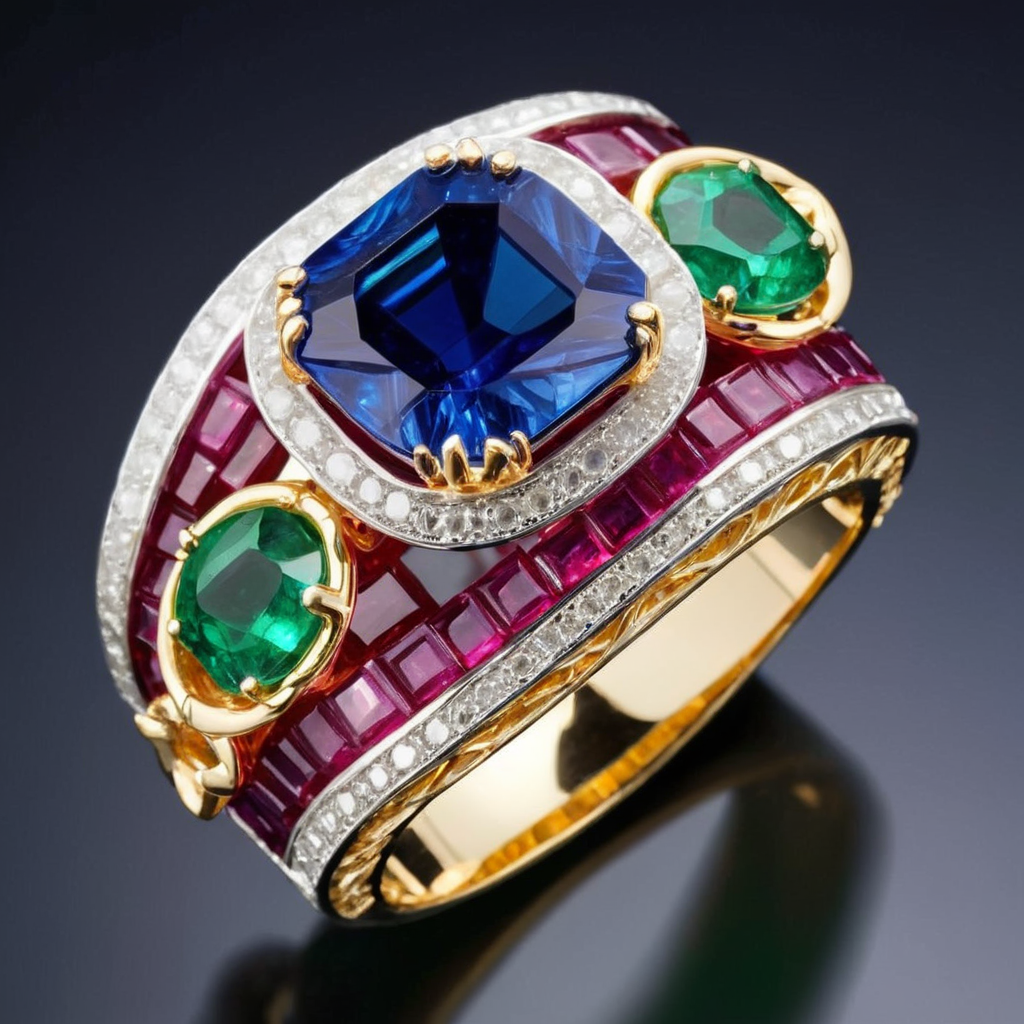 An exquisite piece of jewelry, meticulously crafted with an array of precious gemstones. The centerpiece should be a radiant gem, perhaps a sapphire or emerald, surrounded by intricate patterns of diamonds, rubies, and other sparkling stones. The design should be intricate, showcasing the artistry and craftsmanship, with each gem set perfectly to catch and reflect light. The metal setting, whether gold or silver, should complement the colors of the gemstones, enhancing their natural beauty. The overall look should exude luxury, elegance, and sophistication. The photograph's quality should be of high resolution, capturing the shimmer, shine, and minute details of the jewelry,<lora:ggmine:0.45>,ggmine