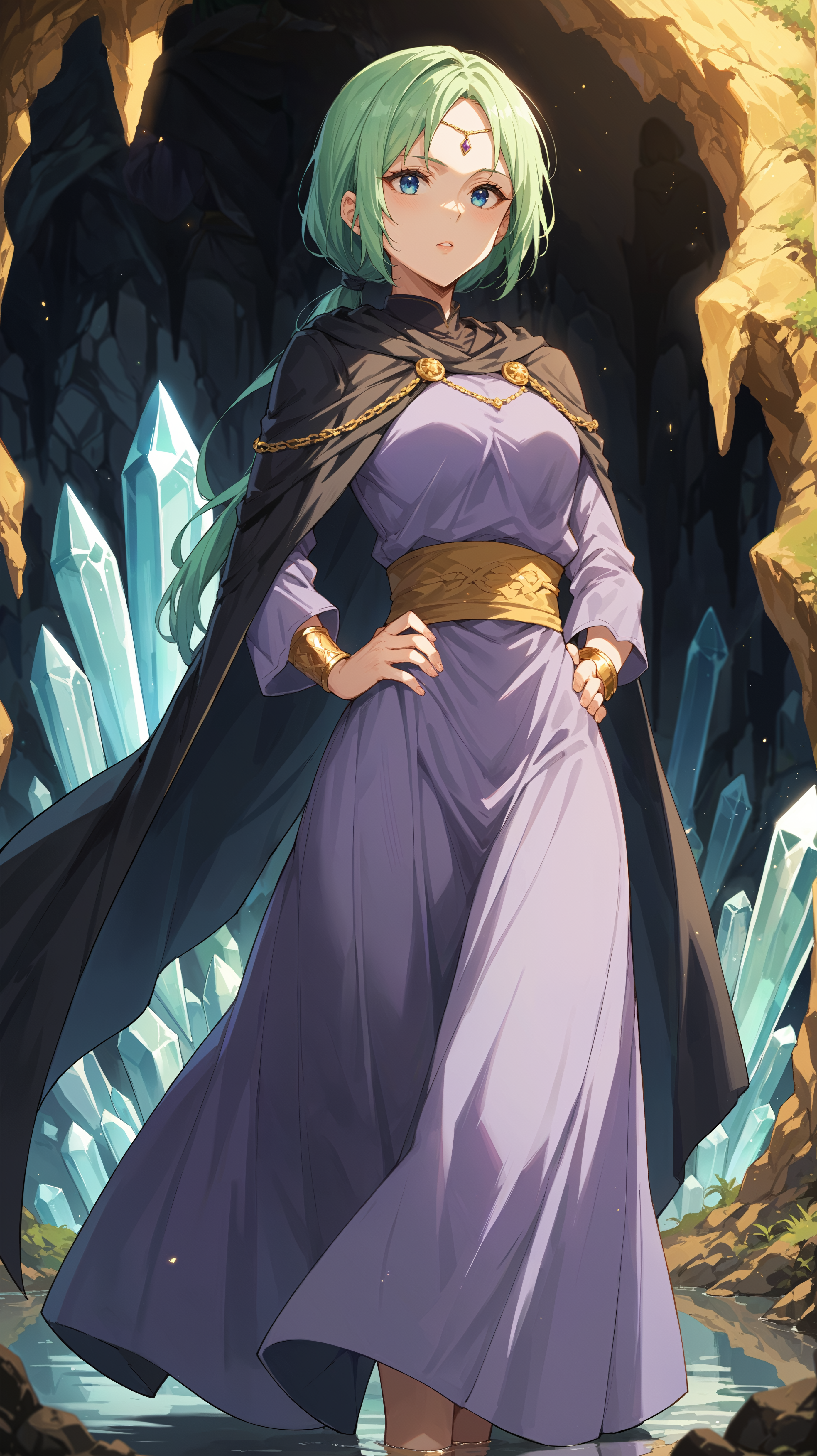 score_9,score_8_up,score_7_up,score_6_up, source_anime, zPDXL3, <lora:xl_more_art-full_v1:0.5>, woman, dynamic pose, standing with hands on hips, <lora:Mjurran - Pony-000004:0.8>, long dress, purple dress, long sleeves, long cape, black cape, green hair, low ponytail, gold bracelet, blue eyes, purple forehead jewel, yellow waist sash, crystal cave, reflection, magical, lighting effects,