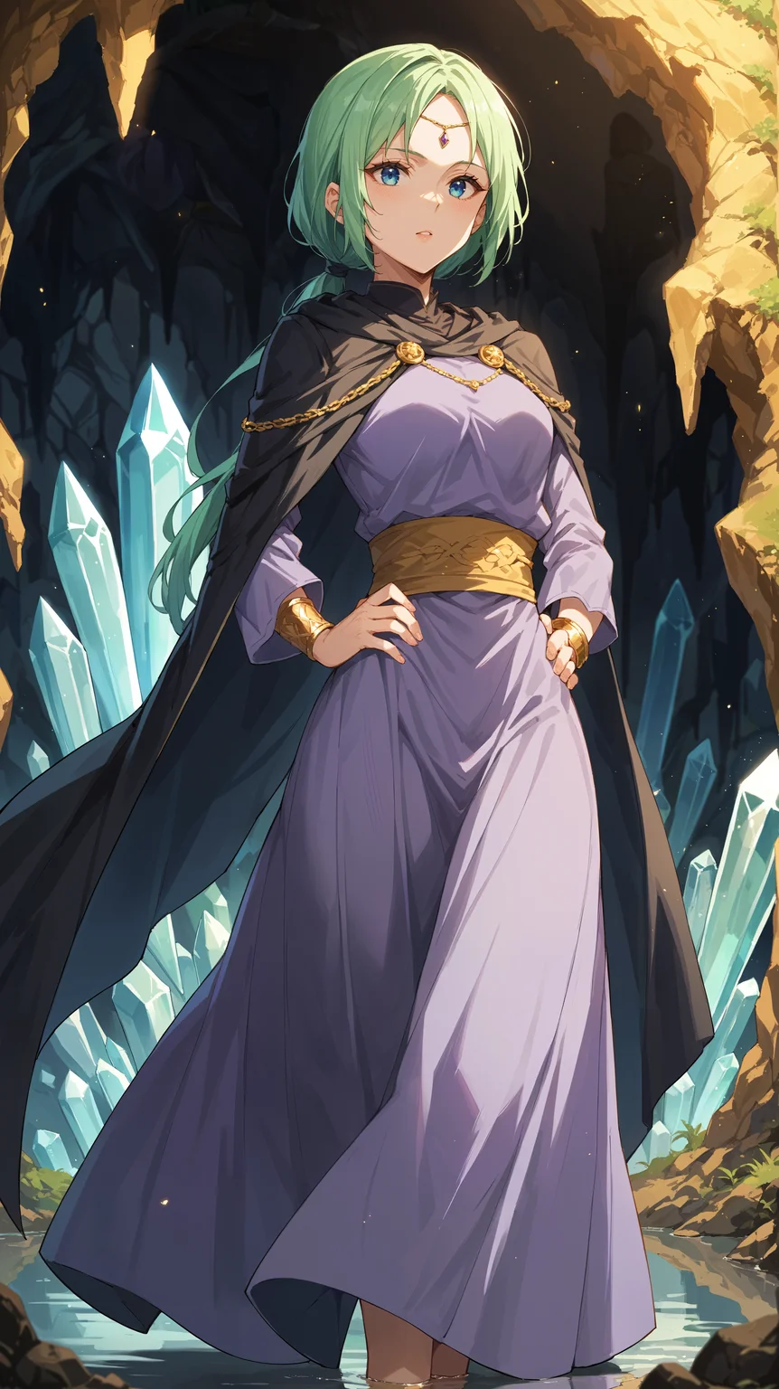 score_9,score_8_up,score_7_up,score_6_up, source_anime, zPDXL3, <lora:xl_more_art-full_v1:0.5>, woman, dynamic pose, standing with hands on hips, <lora:Mjurran - Pony-000004:0.8>, long dress, purple dress, long sleeves, long cape, black cape, green hair, low ponytail, gold bracelet, blue eyes, purple forehead jewel, yellow waist sash, crystal cave, reflection, magical, lighting effects,