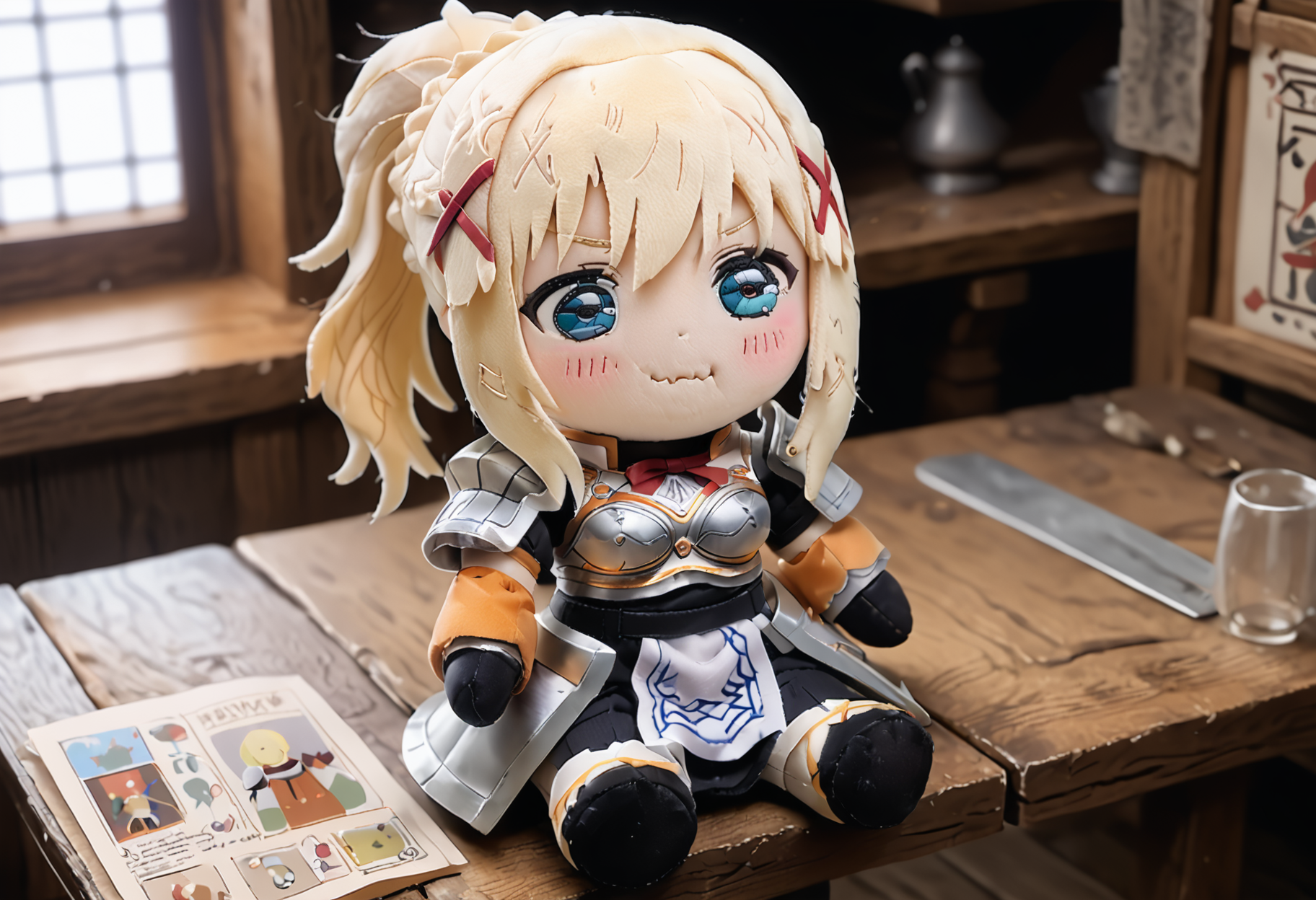 score_9,score_8_up,score_7_up,source_anime,inside medieval tavern,<lora:woafu_plushify_pony:0.8>,plushify,character stuffed toy,chibi,1girl,solo,sitting,smile,<lora:konosuba_darkness_ponyXL:0.8>,ksdarkness,blonde hair,braid,ponytail,x hair ornament,armored dress,shoulder armor,breastplate,bodysuit,black gloves,blush,<lora:concept_aquacrying_ponyXL:0.8>,aquacrying,wavy mouth,closed mouth,