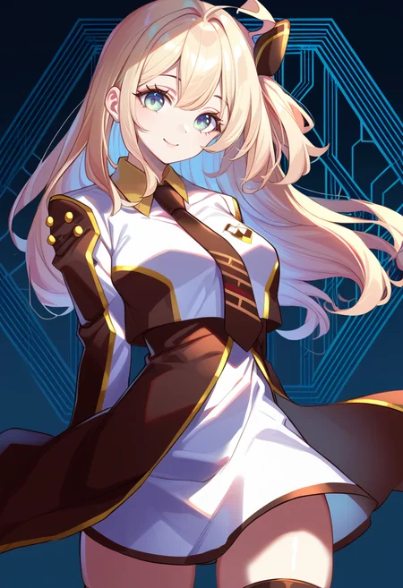(score_9:0.9),score_8_up,score_7_up,rating:explicit,anime_style,(zPDXL),<lora:Sky striker ace - raye ponyXL v4.1:0.9>,sky striker ace - raye,ordinary uniform,brown thighhighs,brown necktie,brown hair ornament,1girl,smile,looking at viewer,closed mouth,honeycomb \(pattern\:1.3,upper body,