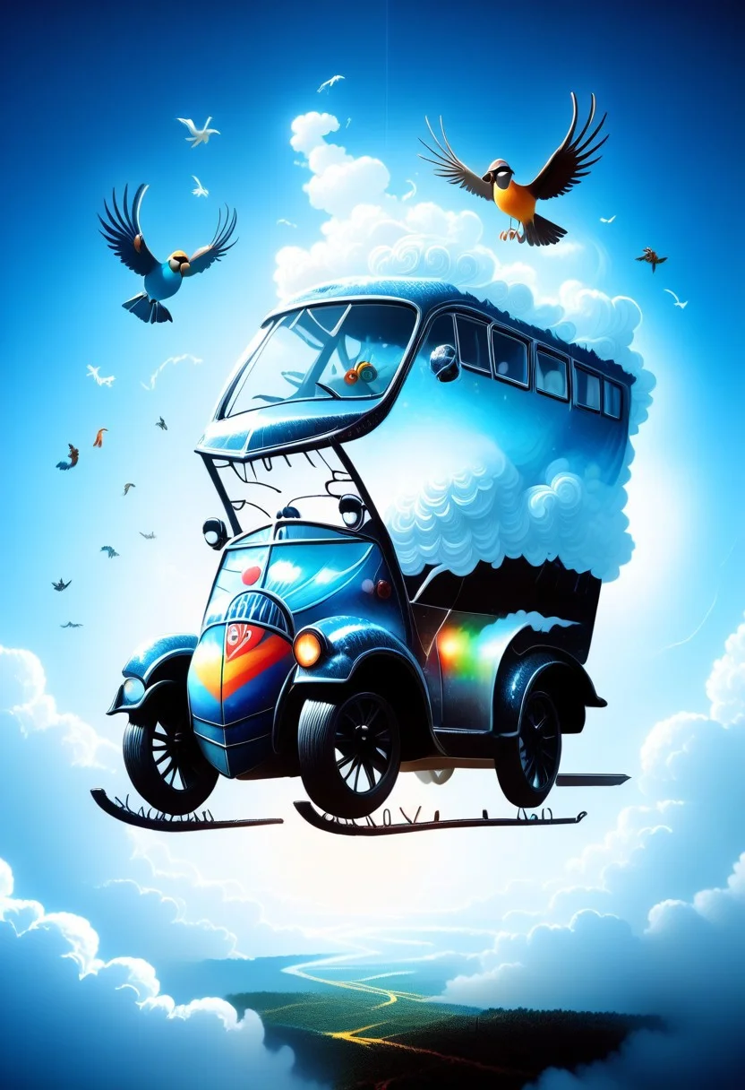 ppstorybook, A whimsical, flying van made of shingles with rainbow-colored paint and oversized wheels, soaring through the clouds with balloons made of shingles trailing behind, surrounded by fluffy clouds made of shingles and playful birds made of shingles , depicted in a cheerful, cartoonish style with soft pastel hues. mad-shingles