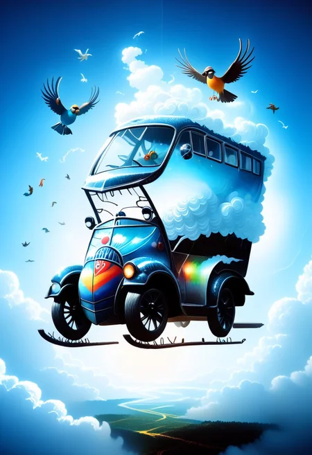 ppstorybook, A whimsical, flying van made of shingles with rainbow-colored paint and oversized wheels, soaring through the clouds with balloons made of shingles trailing behind, surrounded by fluffy clouds made of shingles and playful birds made of shingles , depicted in a cheerful, cartoonish style with soft pastel hues. mad-shingles