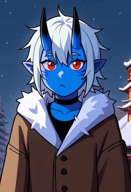 (flat colour), 1girl, 25 years old, perfect face, cute, petite, red eyes, white hair, short hair, messy hair, crossed bangs, hair between eye, pointy ears, black choker, (blue skin:1.2), (oni:1.2), blue oni, facial tattoo, Winter Fur Coat, tattoos, Tribal architecture, animal skin tents, south pole, cowboy shot,