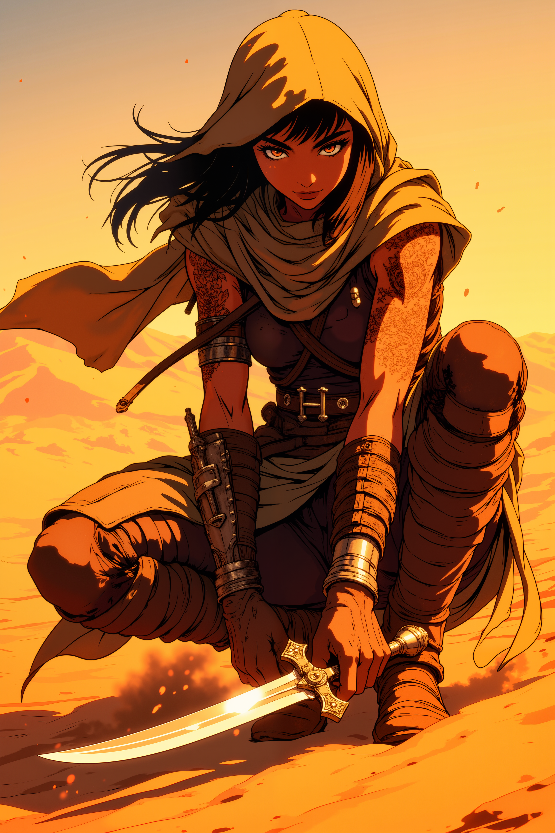 ne0nfant4sy, A desert rogue, her deep bronze skin glowing under the harsh, midday sun, crouches low, her dagger gleaming in her hand as sand whips around her. Her dark, almond-shaped eyes glint with sharp intelligence as she narrows her gaze, every muscle in her slender body coiled like a spring, ready to strike. Her dark brown hair, braided tightly to keep it out of her face, is covered by a tattered, sand-streaked hood. Dust clings to her weathered leather armor, and her scarf flutters in the hot wind, shielding her mouth from the desertâs searing breath. The intricate tattoos on her forearms glow faintly, imbued with the magic of the shifting dunes, while the endless desert stretches out behind her, vast and unforgiving. Her expression is sharp, almost predatory, as she assesses her next move, the dagger in her hand glinting with deadly purpose. Tiny motes of sand hang suspended in the air around her, frozen in the tension of the moment. The heat distorts the horizon behind her, making the distant dunes seem to ripple like waves in the sun.<lora:RetroAnimeFluxV1:0.5><lora:NeonFantasyFLUX:0.3>