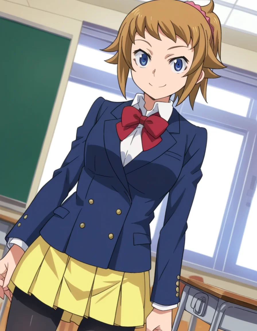 score_9, score_8_up, score_7_up, source_anime,
fuminahoshino, <lora:fumina-hoshino-s2-ponyxl-lora-nochekaiser:1>,
fumina hoshino, hoshino fumina, blue eyes, brown hair, ponytail, scrunchie,
skirt, school uniform, jacket, pantyhose, blazer, bike shorts, shirt, white shirt, collared shirt, bow, red bowtie,
indoors, classroom, smile,
looking at viewer, dutch angle, cowboy shot,