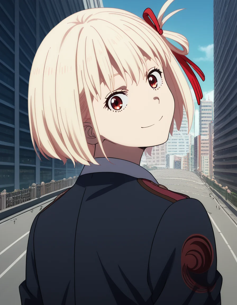 score_9, score_8_up, score_7_up, source_anime, chisatonishikigi, <lora:chisato-nishikigi-s1-ponyxl-lora-nochekaiser:1>, chisato nishikigi, short hair, bangs, blonde hair, red eyes, hair ribbon, one side up, bob cut,, <lora:shaft-look-ponyxl-lora-nochekaiser:1>, shaft look, looking back, from behind, head tilt,, cityscape, street, smile,, cowboy shot, dutch angle, solo,