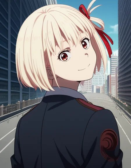 score_9, score_8_up, score_7_up, source_anime, chisatonishikigi, <lora:chisato-nishikigi-s1-ponyxl-lora-nochekaiser:1>, chisato nishikigi, short hair, bangs, blonde hair, red eyes, hair ribbon, one side up, bob cut,, <lora:shaft-look-ponyxl-lora-nochekaiser:1>, shaft look, looking back, from behind, head tilt,, cityscape, street, smile,, cowboy shot, dutch angle, solo,