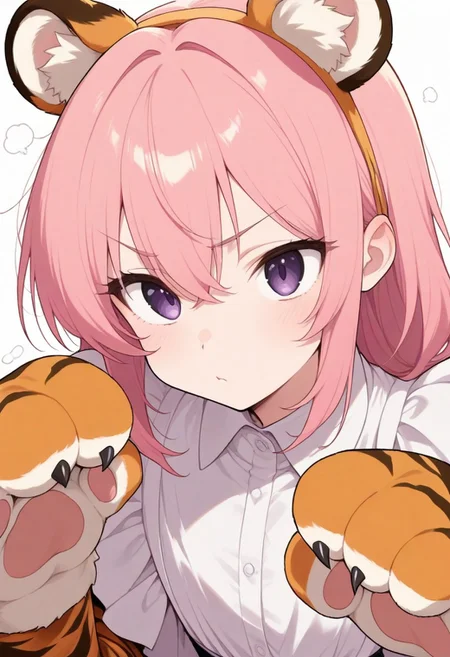 sscore_9, score_8_up, score_7_up, Tiger,CivChan, purple eyes, pink hair, half-side view, The tiger has big paws, best quality, high detail, 4k, upscaled, enhanced, detailed background,