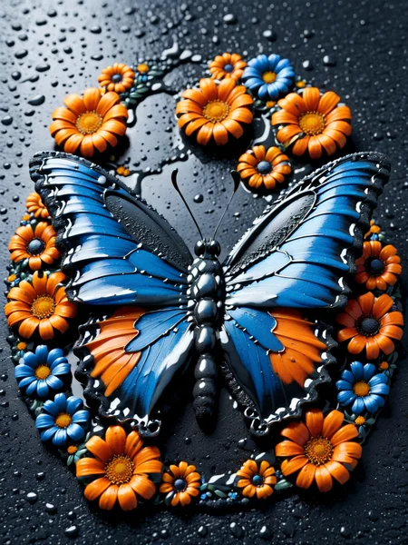 <lora:Fresh_Tarmac_SXDL:1> An intricate butterfly made of orange, blue and black ais-tarmac, background of colorful flowers provide contrast