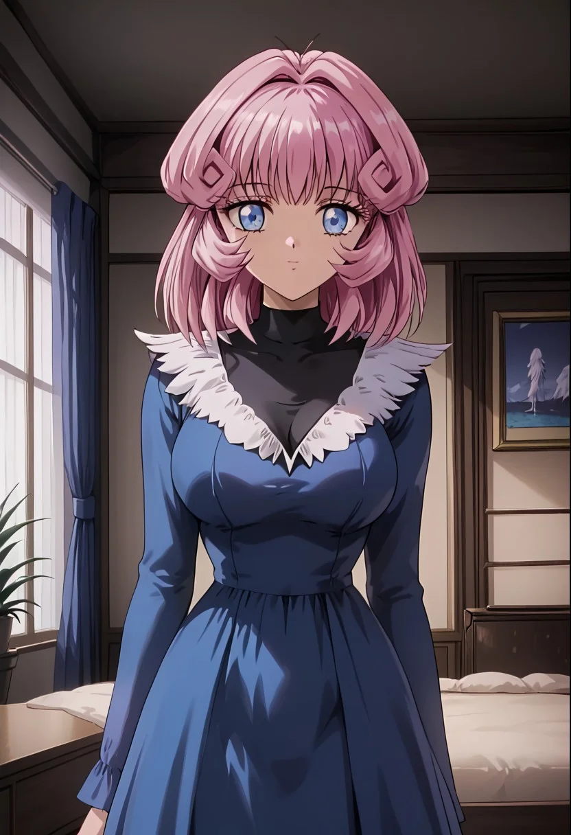 1 girl, alone, blue eyes, detailed pupils, cute face, pink hair, medium hair, bangs, medium breasts, looking at viewer, black blouse, turtleneck blouse, blue dress, dress with feathers, white feathers, indoors, living room