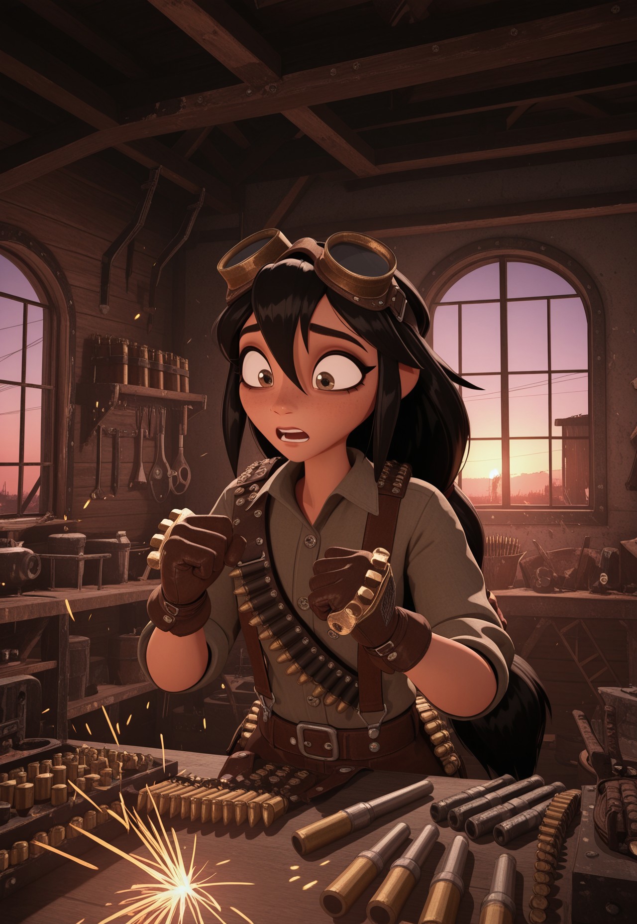 androgynous, upper body, solo, hunched, wince, surprised, clenched hands, (sparks:1.5), ammunition, loaded interior, shelf, iron, rust,
low-tied_long_hair, goggles on head, bandolier, leather gloves, brass knuckles, suspenders, ornate buttons,
workshop, dimly lit, glow, hot metal,
window, looking outside, sunset,
masterpiece, best quality, amazing quality, very aesthetic, absurdres, newest, SH_Style, NIMO, [3d],