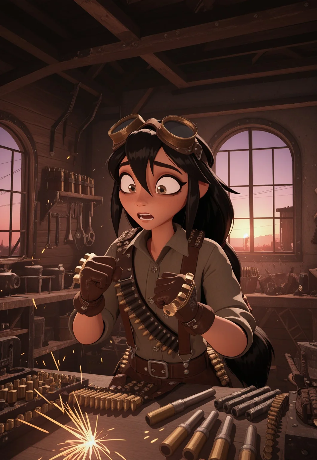 androgynous, upper body, solo, hunched, wince, surprised, clenched hands, (sparks:1.5), ammunition, loaded interior, shelf, iron, rust,
low-tied_long_hair, goggles on head, bandolier, leather gloves, brass knuckles, suspenders, ornate buttons,
workshop, dimly lit, glow, hot metal,
window, looking outside, sunset,
masterpiece, best quality, amazing quality, very aesthetic, absurdres, newest, SH_Style, NIMO, [3d],