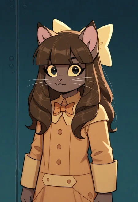 score_9, score_8_up, score_7_up, score_6_up,source_anime, cinematic shadow, cinematic light, cute and sensitive, soft skin, characters focus, detailed eyes, detailed skins,rating_explicit, cowboy shot,ivy, brown long hair,braids,blunt bangs,black eyes, colored sclera, yellow sclera, no human, furry, brown furr, cat ears,ivydress, orange bowtie,yellow coat, yellow hair bow, solo,