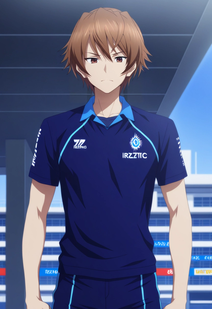 masterpiece, best quality, , (realistic:0.6), looking at viewer, 1boy, solo, male focus, <lora:takeya_iizuka_ilxl:0.9>, takeya_iizuka, brown hair, brown eyes, short hair, , robotics competition, buzzing machines, intense contestants, bright banners, building pose, focused expression, tech atmosphere,