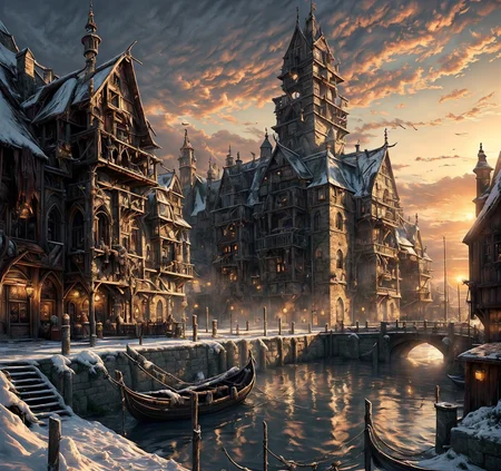 RAW photo, (masterpiece:1.3), subsurface scattering, heavy shadow, (high quality:1.4), (intricate, high detail:1.2), professional photography, HDR, High Dynamic Range, realistic, ultra realistic, photorealistic, high resolution, film photography, ambient lighting, atmospheric effects, <lora:detail_slider_v4:2>, OverallDetail, DarkFantasy, <lora:Laketown:1>,architecture, barrel, boat, building, cloud, day, fantasy, flag, laketown, outdoors, plant, scenery, sky, snow, stairs, sunset, tower, water, watercraft