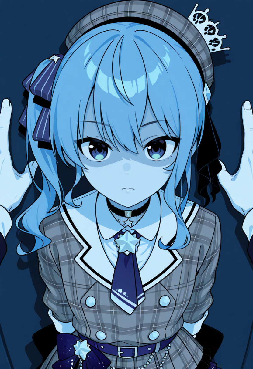 1girl, solo focus, hoshimachi_suisei_\(1st_costume\), looking_at_viewer, (anime coloring, crisp edges:1.2), intense shadows, monochrome, lineart, limited palette, simple background, vivid colors, bright colors, blue theme, masterpiece, very aesthetic, absurdres, flat color, no lineart, povkabedon,<segment:yolo-AnzhcFace-seg_640_v3_y11n.pt-1,0.3,0.15//cid=11>