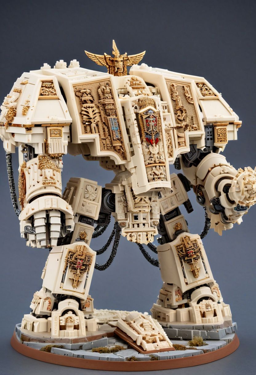 A four-meter tall imposing ivory drdnght machine, adorned with ornate carvings and regal insignias, stands watch over a besieged fortress, its towering presence a testament to the indomitable will of the Space Marines who pilot it.