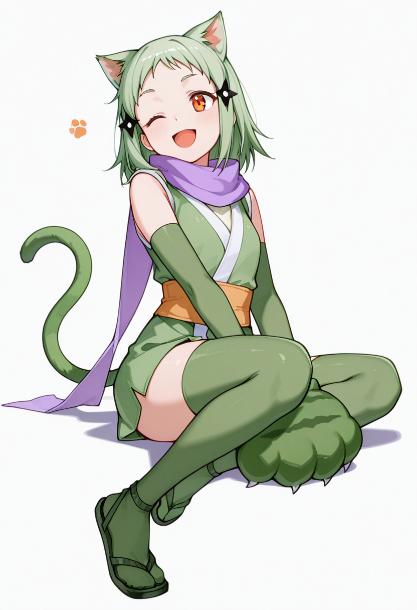 masterpiece,high quality details, absurdres, 
sitting sideways on surface, legs dangling, one arm supporting weight  ,
 <lora:Mao_Kusagakure:0.8>
mao_cnr, 1girl, green hair, short hair,orange eyes, cat ears,cat tail,hair ornament,
ninja, japanese clothes, kimono, sleeveless kimono,purple scarf,elbow gloves,green thighhighs, sandals,paw gloves,cat paws,, ;d,, simple background, white background, front view,solo,