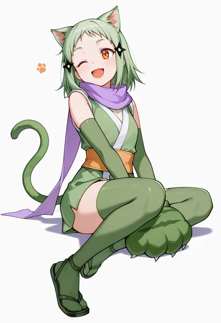 masterpiece,high quality details, absurdres,
sitting sideways on surface, legs dangling, one arm supporting weight ,
<lora:Mao_Kusagakure:0.8>
mao_cnr, 1girl, green hair, short hair,orange eyes, cat ears,cat tail,hair ornament,
ninja, japanese clothes, kimono, sleeveless kimono,purple scarf,elbow gloves,green thighhighs, sandals,paw gloves,cat paws,, ;d,, simple background, white background, front view,solo,