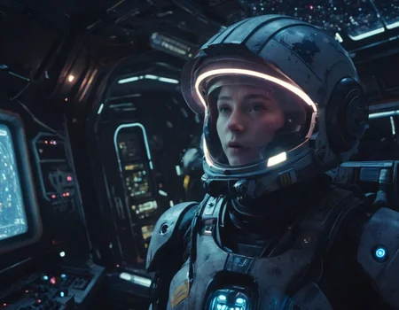 A still from a new film featuring mhelmet artstyle artstyle's character on a spaceship, (surrounded by high-tech equipment:1.37), a vast, star-studded cosmos in the background, and a sense of wonder and adventure. <lora:2024-04-01 - mjhelmet - 64dim - LoRA.safetensors:1>