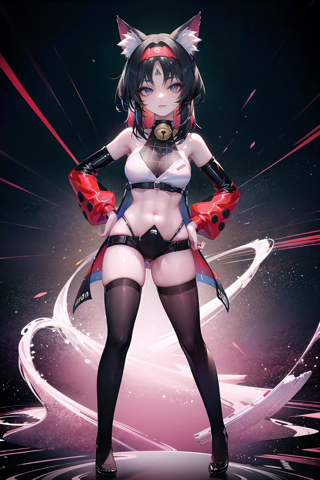 (ascii art,Shift JIS art:0.85),(a girl,cowboy shot:1.2),solo,(Mori Kei aesthetics,Mote Kei aesthetics,Visual Kei aesthetics,Art Nouveau,Kinetic art,Contemporary art,Dimensionality,art by Petros Afshar,Airbrush drawing:1.15),Synth wave,Vaporwave fashion,
light painting, (long exposure):1.2, dynamic streaks, luminous trails, vibrant colors, fluid movement, captivating patterns, creative experimentation
 mid shot, full body,
(multicolored_background:1.3),striped_background,card_background,1girl,red lips,(red eyeshadow:1.2),full body,looking at viewer,
beautiful detailed bright blue eyes,(beautiful detailed shiny red_hair:1.2),(seductive smile:1.2),mixed
 <lora:æ¸¸æåºæ¯è®¾è®¡lora:0.75>
<lora:conceptholographic clothing é­å°æè£:0.85>,(holographic,holographic clothing:1.2),dress,open coat, (latex holographic bikini:1.1),
///////////////////////////
<lora:maonai-v100:0.75:char>, maonai, 1girl, black hair, thighhighs, forehead mark, breasts, neck bell, animal ear fluff, cat ears, jingle bell, two tails, nekomata,
(one hand on hip:1.3) ,looking at you,empty hands,