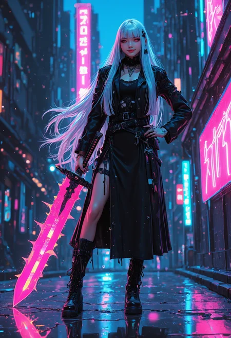 adult,
1woman,
masterpiece, best quality,high quality, newest, highres,8K,HDR,absurdres, weapon, white hair, solo, hair ornament,holding sword,spiked sword,giant sword, neon_sword, piercing, bangs, long sleeves, looking at viewer, very long hair,messy hair,hime cut, red eyes, ear piercing, jewelry, holding weapon, dress, holding, outdoors, tattoo, earrings, boots, closed mouth, katana, smile, full body, reflection, blurry, blurry background,tokyo_lights,tokyo street,neon lights,cyberpunk, high-contrast lighting, intricate details, vibrant colors, reflective surfaces, dynamic pose, futuristic urban environment, glowing neon signs, cybernetic enhancements, punk aesthetic, dynamic pose, dynamic composition,dutch angle, depth of field,dark_theme,detailed backgroud,foreshortening,blurry edges,
<lora:DRKWB:0.45> <lora:r-hrtdrp:0.3> <lora:MGE_V5.3:0.6>
