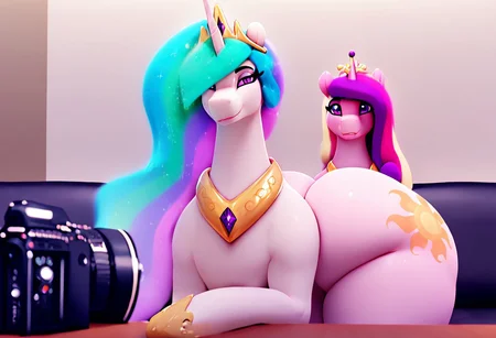 Artist:Dragk,perfecteyes,hires,masterpiece,SCORE_9_UP BREAK princess cadance, princess celestia, alicorn, pony, 3D, aunt and niece, camera, casting couch, couch, crown, female, jewelry, logo, mare, regalia, teaser,duo,Huge butt,Thick Thighs,Art by Dragk