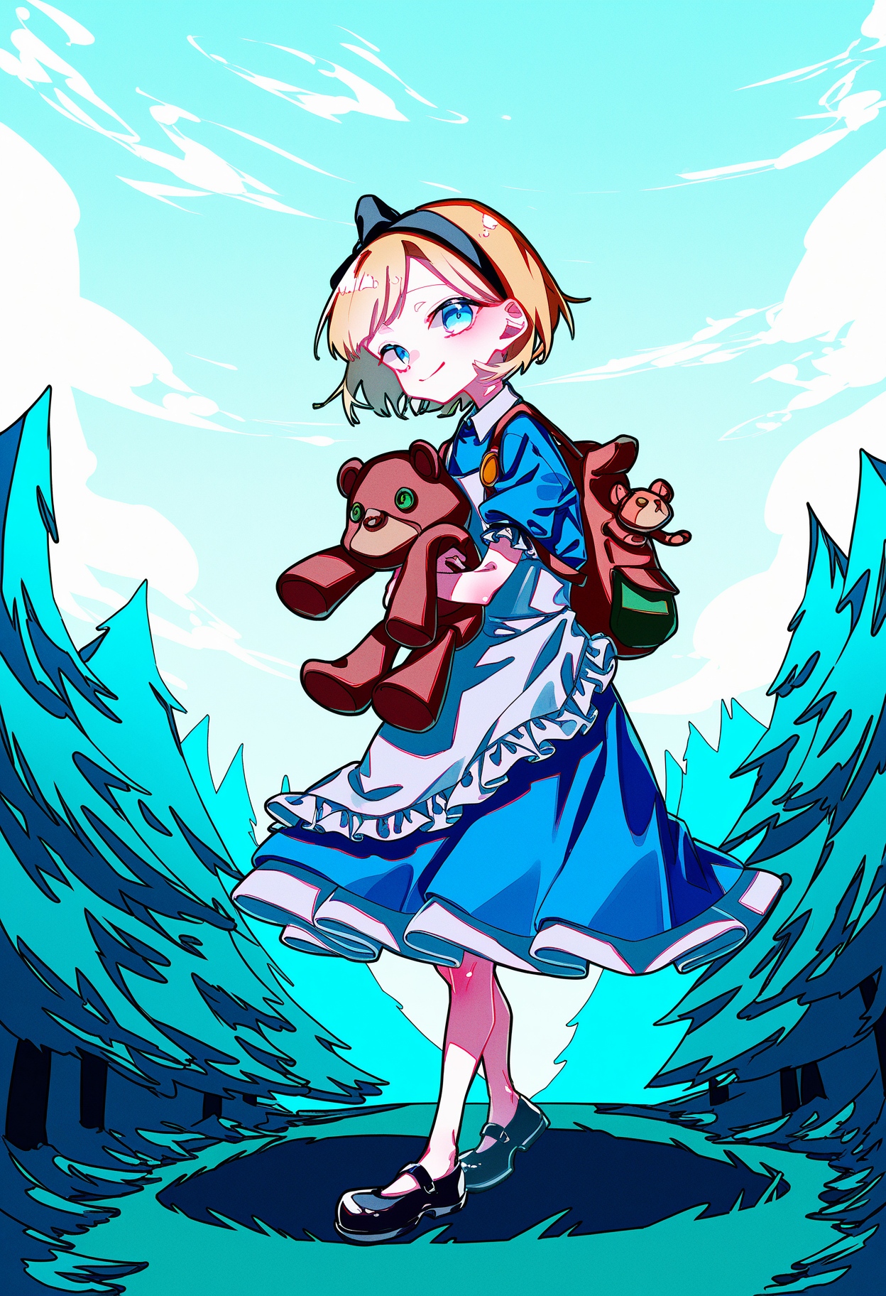 (masterpiece:0.7) scenery,omofuki rio,(rolua:1.2), 
annie \(league of legends\), annie in wonderland, league of legends, 1girl, looking at viewer, smile, short hair, bangs, blue eyes, hairband, blonde hair,  dress, holding, closed mouth, standing, full body, short sleeves, shoes, bag, black footwear,apron,  blue dress,  backpack, white apron, mary janes, blue footwear,holding teddy bear, forest, day, sky, clouds,