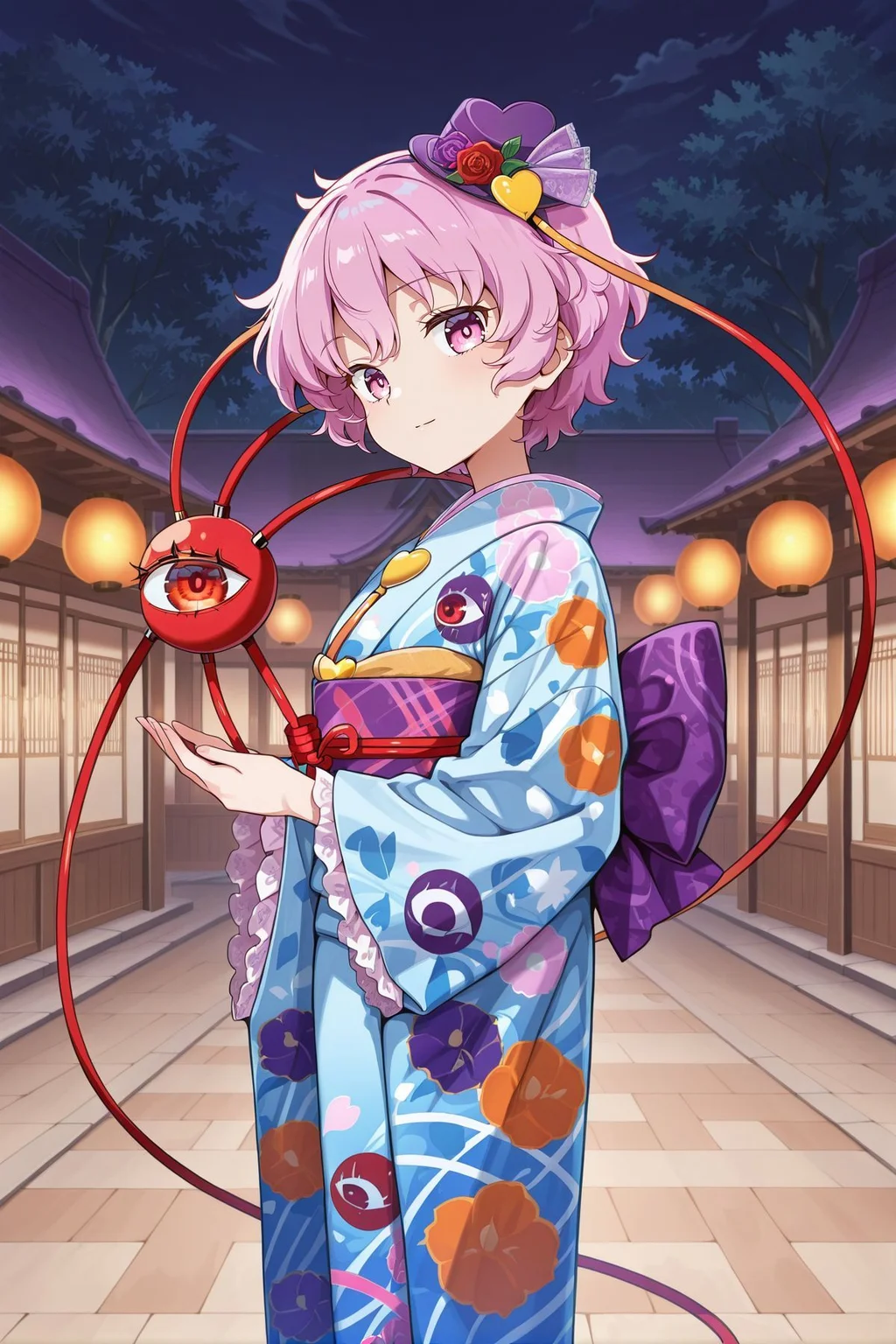 absurdres, highres, masterpiece, best quality, amazing quality, official anime artwork, screencap, anime screencap, looking at viewer, outdoors, night, light smile,
<lora:Komeiji-Satori_IllustriousV2:1> komeiji satori, 1girl, solo, pink eyes, pink hair, short hair, third eye,, komeiji satori \(travel safety satori youkai\), alternate costume, mini hat, purple hat, hat flower, heart hat ornament, multicolored kimono, blue kimono, floral print kimono, eyeball, eyeball print, wide sleeves, lace-trimmed sleeves, furisode, back bow, purple bow,