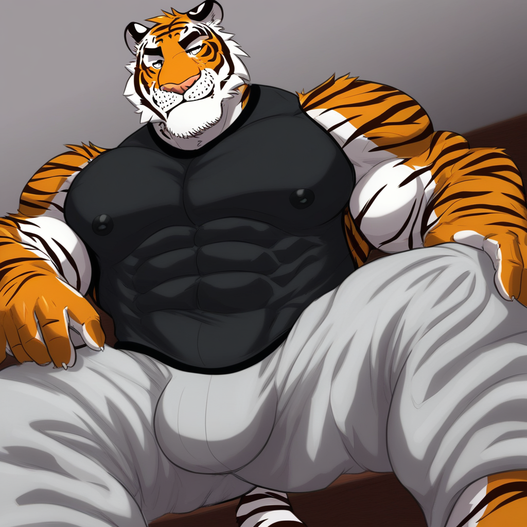 Muscular male, furry, fully dressed, tiger