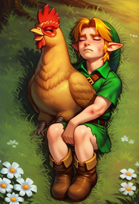 <lora:chicken_XL_pony_v1:1> chicken, BREAK score_9, score_8_up, score_7_up, 1boy, YLink, male focus, torn green hat, blonde hair, pointy ears, closed eyes, torn green tunic, brown belt, brown boots, laying on the ground, unconscious, knocked out, beaten up, defeated, covered in feathers:1.5, shallow depth of field, outdoors, forest, 1dk, ((full body)), Expressiveh